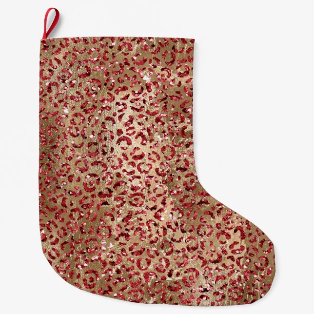 Glam Sparkle Red Glitter Gold Leopard Print Large Christmas Stocking (Front)