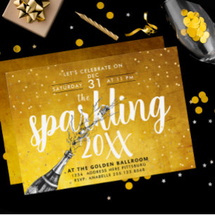 Glam Sparkling Champagne Gold New Year Party Invi Invitation