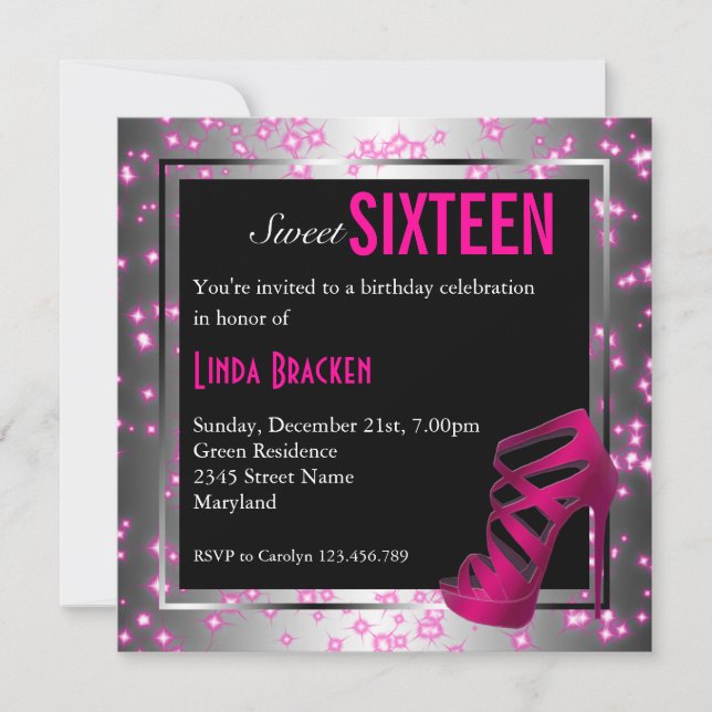 Glam Sparkling Pink High Heel Sweet Sixteen Invite (Front)