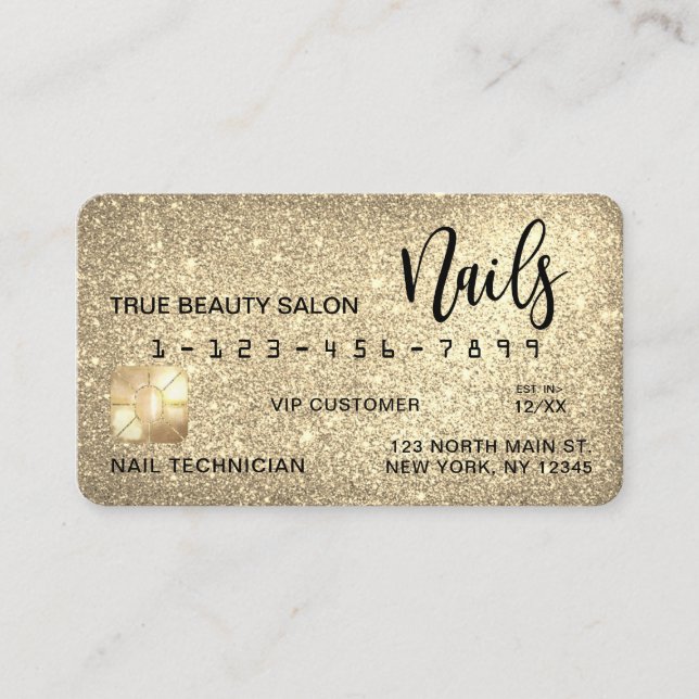 Glam Sparkly Gold Glitter Credit Card Nail Tech (Front)