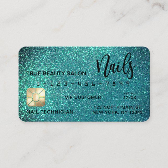 Glam Sparkly Teal Glitter Credit Card Nail Tech (Front)