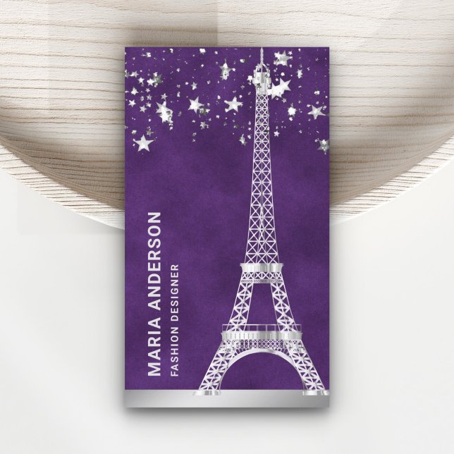 Glam Stars Confetti Silver Foil Paris Eiffel Tower Business Card (Creator Uploaded)