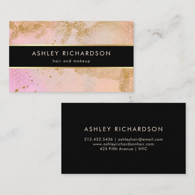 Glam Stylish Blush Pink, Black, and Faux Gold Business Card (Front/Back)