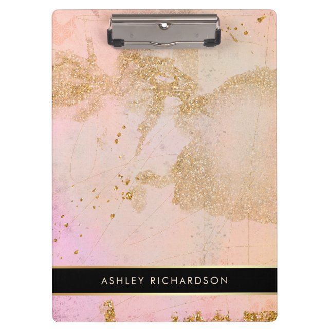Glam Stylish Blush Pink, Black, and Faux Gold Clipboard (Front)