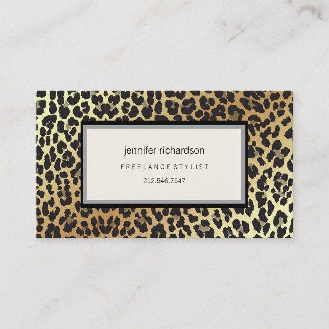 Glam Stylish Chic Leopard Print and Gold Foil Look Business Card (Front)