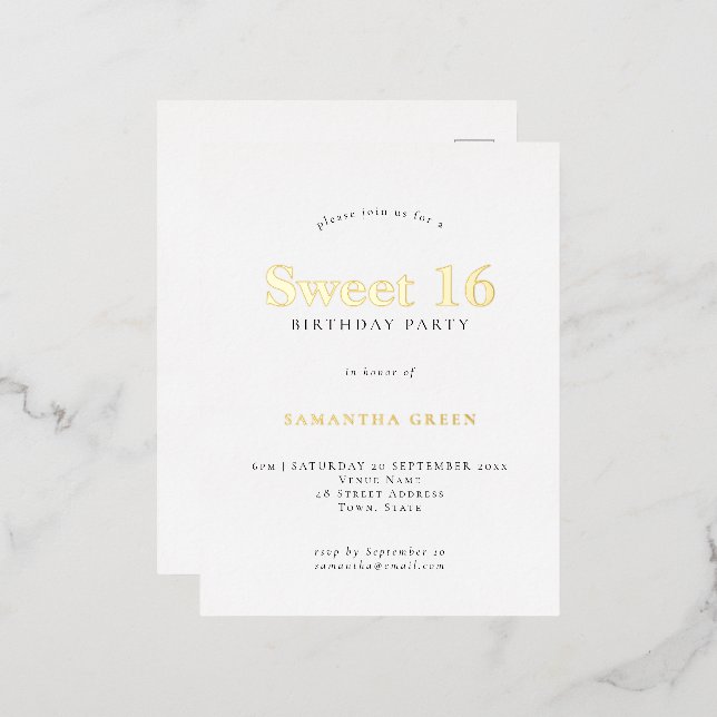 Glam Sweet 16 Birthday Party Glam Real  Foil Invitation Postcard (Front/Back)