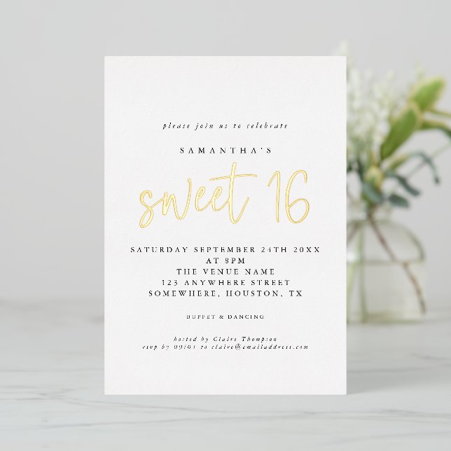 Glam Sweet 16 Birthday Party Script Real Foil Invi (Standing Front)