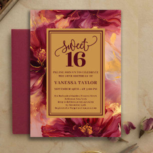 Glam Sweet 16 Burgundy Gold Watercolor Invitation
