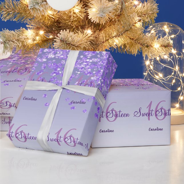 Glam Sweet 16 Falling Purple Glitter Wrapping Paper (Holidays)