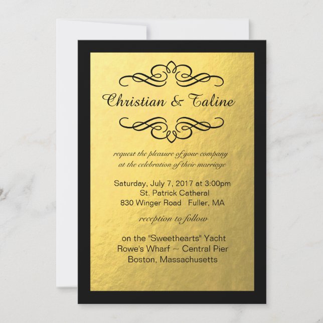 Glam Swirly Flourish Gold Foil Black Border Invitation (Front)