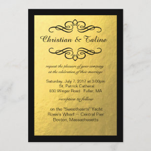 Glam Swirly Flourish Gold Foil Black Border Invitation