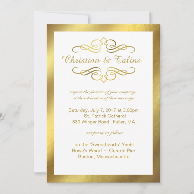 Glam Swirly Flourish Gold Foil Outline Wedding Invitation (Front)