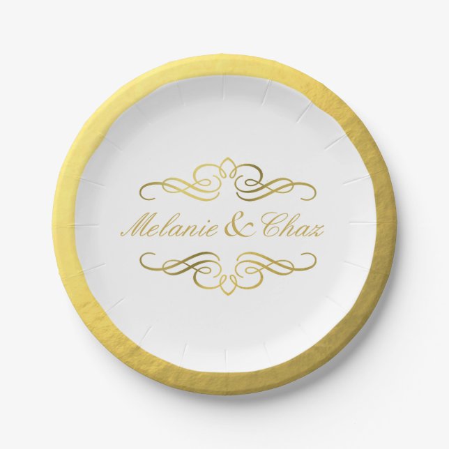 Glam Swirly Flourish Gold Foil Outline Wedding Paper Plate (Front)