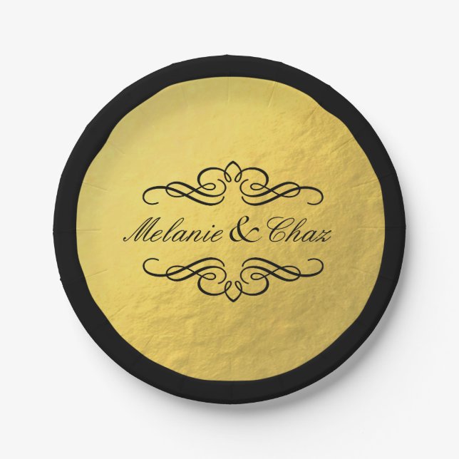 Glam Swirly Flourish Gold Foil Outline Wedding Paper Plate (Front)