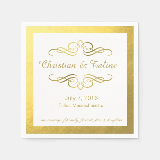 Glam Swirly Flourish Gold Outline Wedding Napkin (Front)