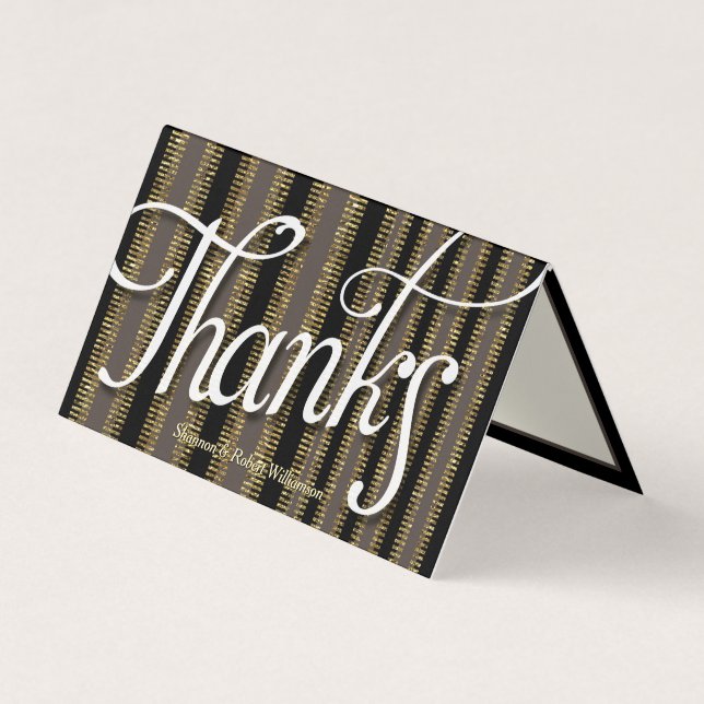 Glam Taupe Black + Gold Striped Thank You Card (Front)