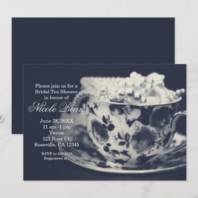 Glam Tea & Pearls Elegant Bridal Chic Invitation (Front/Back)