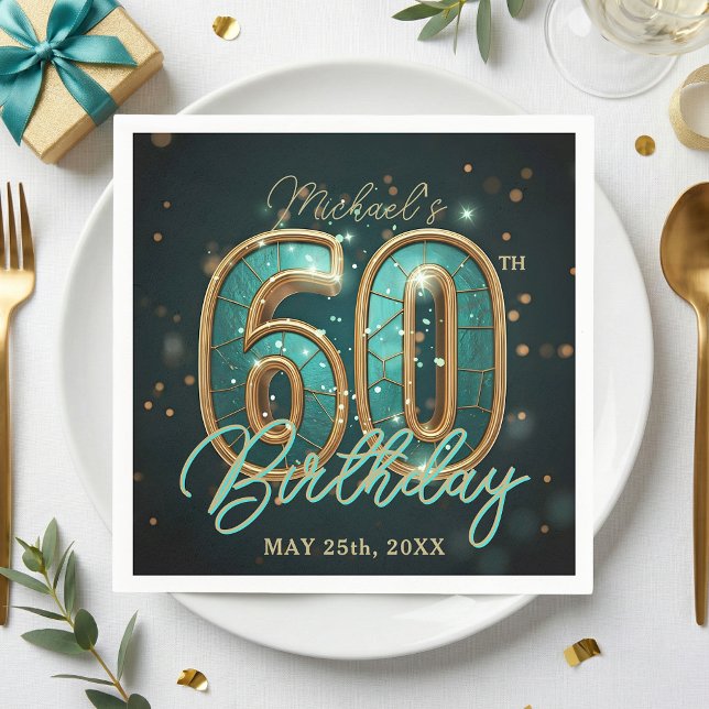 Glam Teal and Gold Elegant 60th Birthday Party Napkin (Creator Uploaded)