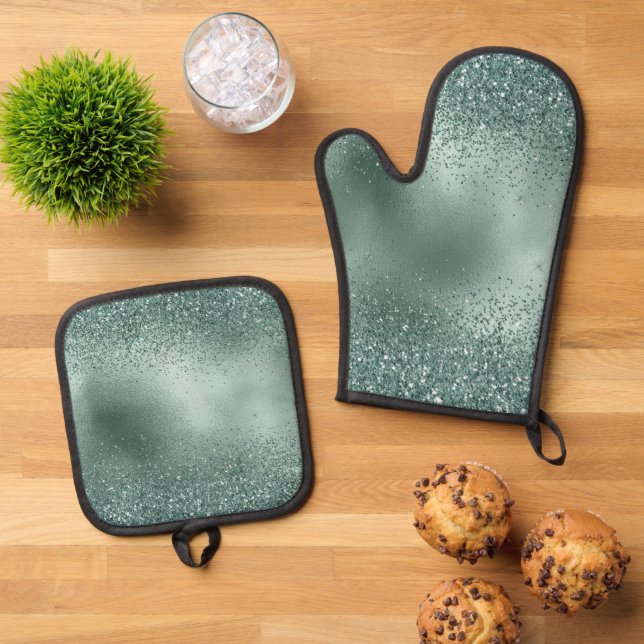 Glam Teal  Aqua Pine Green Glitzy Glitter Oven Mitt & Pot Holder Set (Top Down)