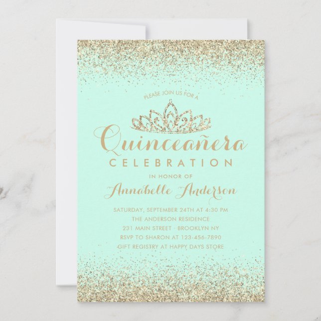 Glam Teal Aqua Quinceañera Gold Tiara Glitter Invitation (Front)