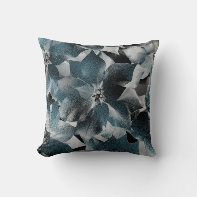 Glam Teal Aquatic Black Floral Gray Metallic Cushion (Front)