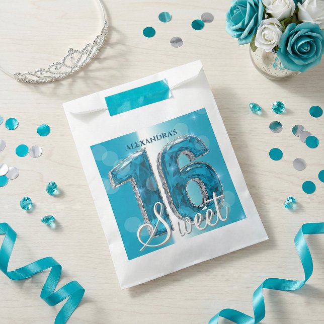 Glam Teal Blue Diamonds Sweet 16 Birthday Party Favour Bags (Creator Uploaded)