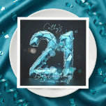 Glam Teal Blue Faceted Crystal 21st Birthday Party Napkin<br><div class="desc">Elevate your milestone celebration with this stunningly glamorous paper napkin, perfect for a sophisticated 21st birthday bash. The artwork features a magnificent, 3D-style number "21" rendered in a faceted crystal texture that mimics the look of aquamarine or teal gemstones. Set against a chic, dark charcoal background illuminated by soft, glowing...</div>