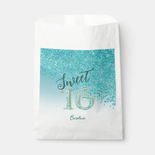 Glam Teal Blue Glitter Sweet 16 Birthday Favour Bags
