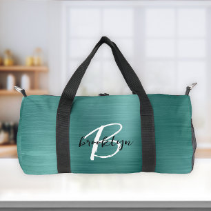 Glam Teal Brushed Metal Black and White Monogram  Duffle Bag