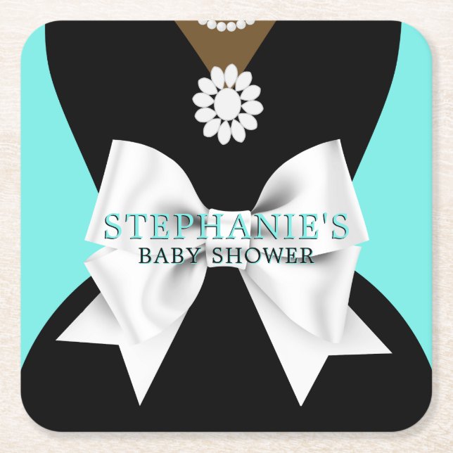 Glam Teal Ethnic Fancy Tiffany Theme Baby Shower Square Paper Coaster (Front)