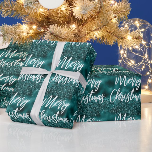 Glam Teal Foil Glitter Merry Christmas Calligraphy Wrapping Paper (Holidays)