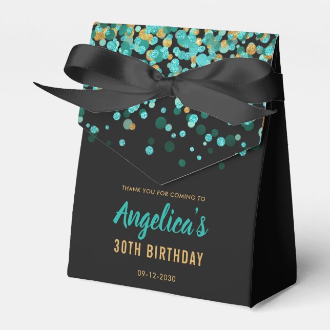 Glam Teal Gold Glitter Confetti Thank You Birthday Favour Box (Front Side)