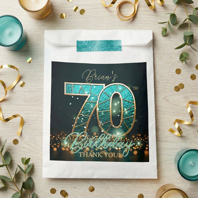 Glam Teal Gold Stained Glass Mosaic 70th Birthday Favour Bags (Creator Uploaded)