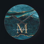 Glam Teal Green Gold Agate Geode Glitter Monogram Round Clock<br><div class="desc">Modern Glam Teal Green Gold Glitter Sparkle Agate Geode Gemstone Elegant Feminine Monogram Script Name Clocks</div>