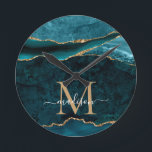 Glam Teal Green Gold Agate Geode Glitter Monogram Round Clock<br><div class="desc">Modern Glam Teal Green Gold Glitter Sparkle Agate Geode Gemstone Elegant Feminine Monogram Script Name Clocks</div>