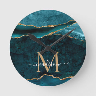 Glam Teal Green Gold Agate Geode Glitter Monogram Round Clock