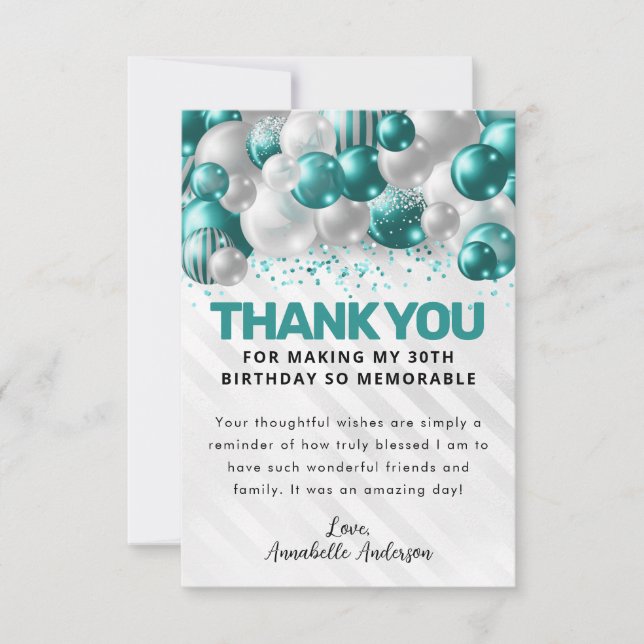 Glam Teal Green Silver Balloon Glitter Birthday Thank You Card (Front)