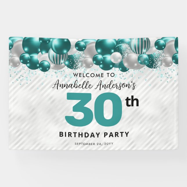 Glam Teal Green Silver Balloon Glitter Welcome Banner (Horizontal)