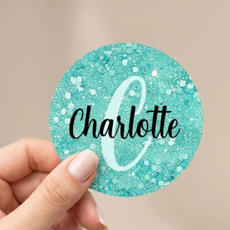 Glam Teal Mint Faux Glitter Sparkle Monogram Name Classic Round Sticker