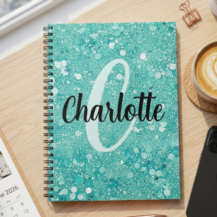 Glam Teal Mint Faux Glitter Sparkle Monogram Name Notebook