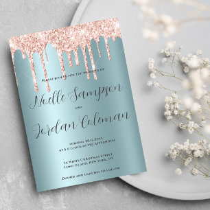  Glam teal rose gold glitter drips script wedding Invitation