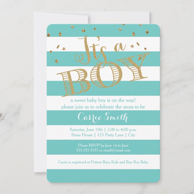Glam Teal Rugby Stripe Boy Baby Shower Invitation (Front)