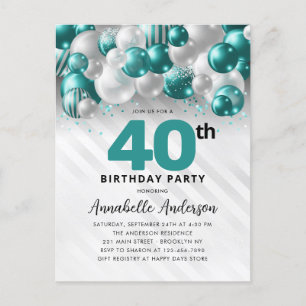 Glam Teal Silver Balloon Glitter 40th Birthday  Postcard
