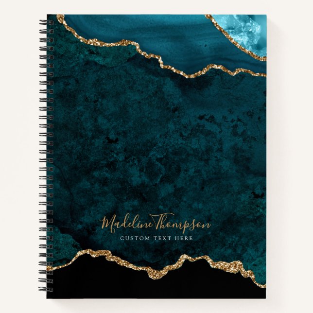 Glam Teal Velvet Agate Geode Gold Script Notebook (Front)