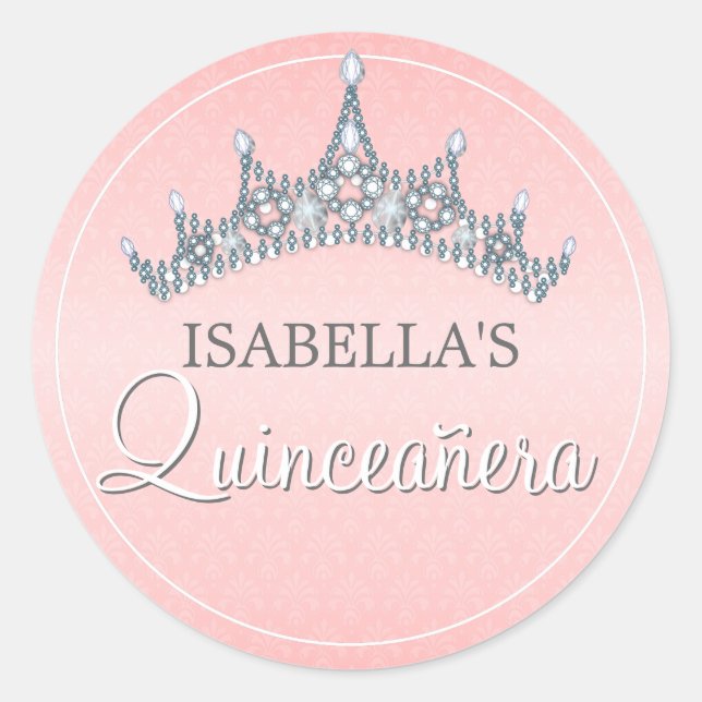 Glam Tiara Quinceanera Celebration Invitation Classic Round Sticker (Front)