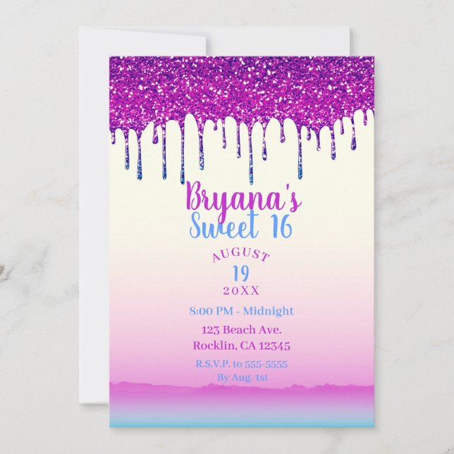 Glam Trendy Pink Blue Glitter Drip Sweet 16 Party Invitation (Front)
