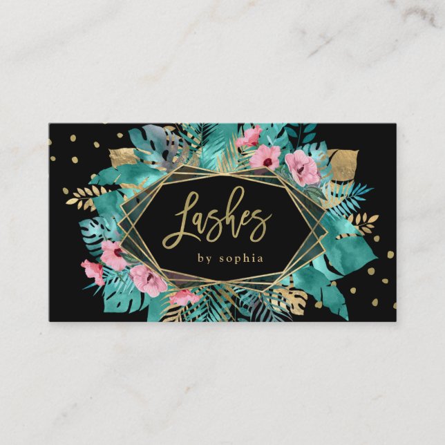 Glam Tropical Gold Leaves on Black | Lashes Business Card (Front)