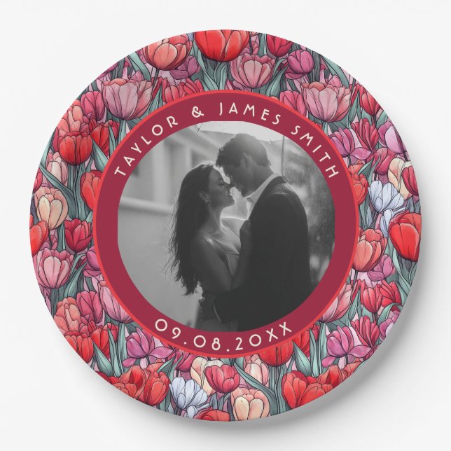 Glam Tulip Garden Outdoor Wedding Paper Plate (Front)