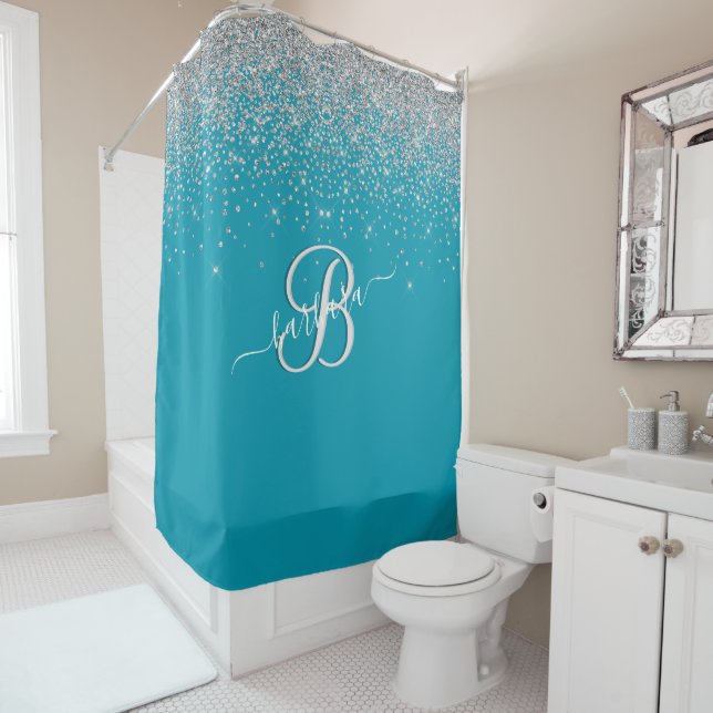 Glam Turquoise 3-Colour Monogram Name  Shower Curtain (In Situ)