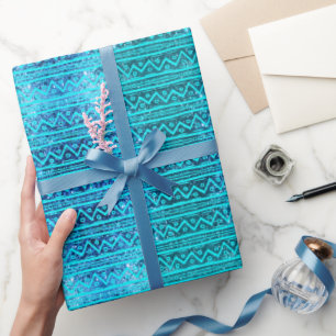 Glam Turquoise Faux Glitter Tribal Print Pattern Wrapping Paper